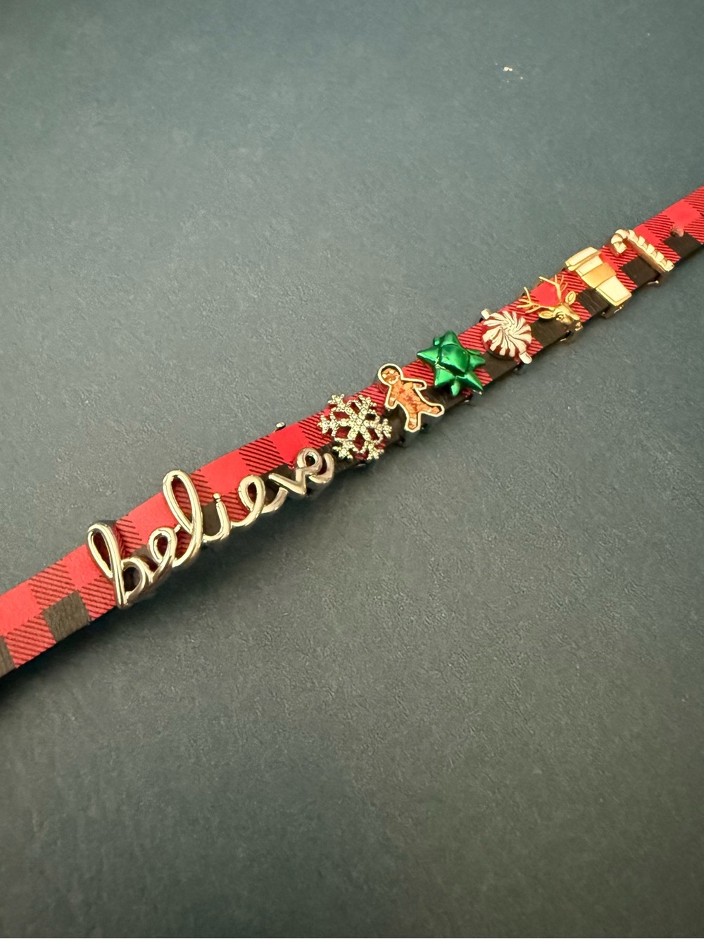 KEEP Collective Red Plaid 'Believe' Charm Bracelet with Gold and Green Accents